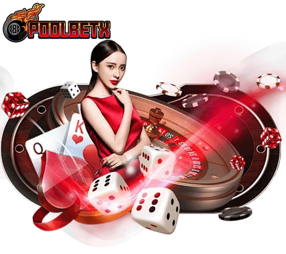 POOLBETX ภาพโปรโมทคาสิโนออนไลน์ โต๊ะรูเล็ต ไพ่ และลูกเต๋า พร้อมพริตตี้ชุดแดงสุดพรีเมียม