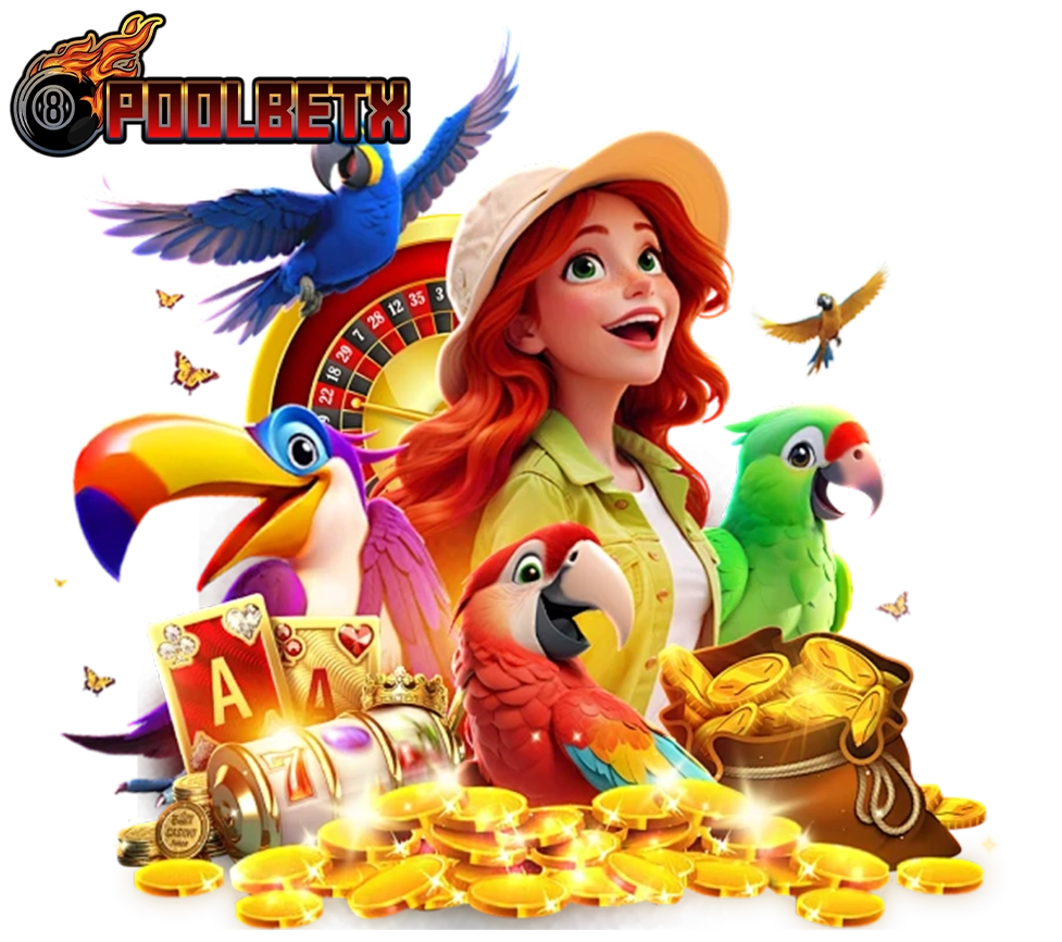 POOLBETX ภาพเกมธีมนกแฟนตาซี นักสำรวจสาวพร้อมเหรียญทอง สล็อตรูเล็ต และไอเทมคาสิโนครบชุด