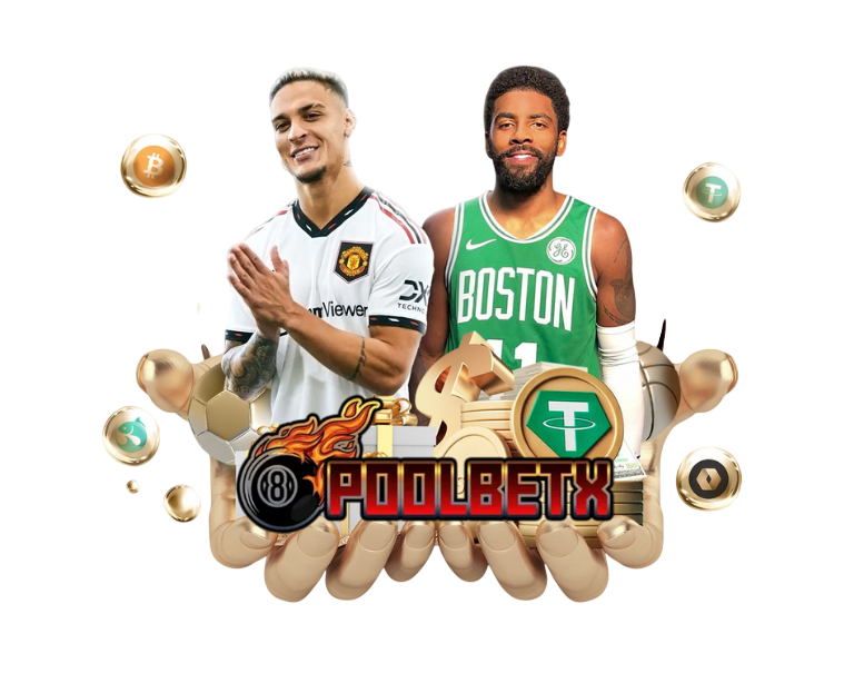 ภาพนักบาสเกตบอลสองคนถือบอล ล้อมด้วยเหรียญทองและลูกบอล ให้บรรยากาศโปรโมทกีฬา